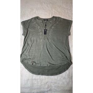 Cable & Gauge Womens L Green Embroidered Tunic Top Split Neck NWT